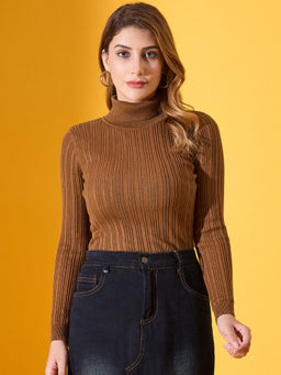 98 Degree North - Women Brown Turtle Neck Striped Pullover Sweater