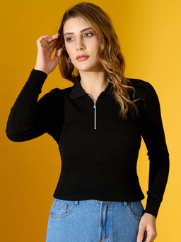 98 Degree North - Women Black Ribbed Zipper Collar Neck Pullover Sweater