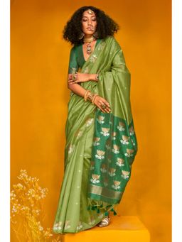 Mysilklove - Tree Green Tussar Handloom Silk Saree and Unstitched Blouse