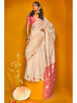Mysilklove - Coco Cream Tussar Handloom Silk Saree and Unstitched Blouse