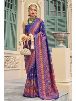 Mysilklove - Navy Blue Printed Kashmiri Jamewar Silk Saree and Unstitched Blouse