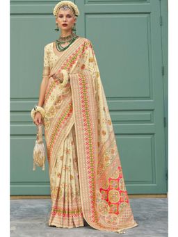Mysilklove - Shortbread Cream Printed Kashmiri Jamewar Silk Saree and Unstitched Blouse