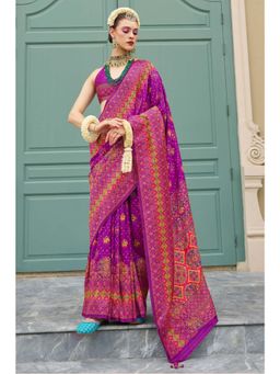 Mysilklove - Jamun Purple Printed Kashmiri Jamewar Silk Saree and Unstitched Blouse