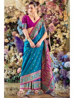 Mysilklove - Surfier Blue Woven Banarasi Soft Silk Saree and Unstitched Blouse