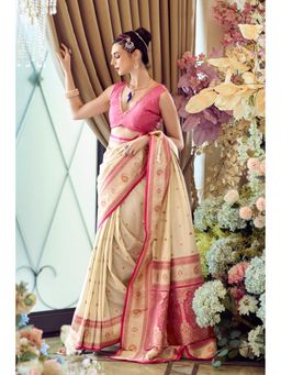 Mysilklove - Brandy Cream Woven Banarasi Soft Silk Saree and Unstitched Blouse
