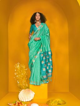 Elora - Turquoise Elora Pure Tusser Handloom Silk Saree and Unstitched Blouse