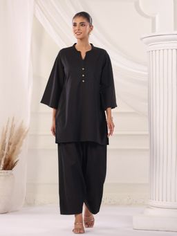 Jaipur Kurti - Black Solid Cotton Straight Kurta and Farshi Salwar