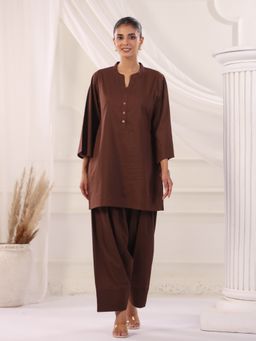 Jaipur Kurti - Brown Solid Cotton Straight Kurta and Farshi Salwar