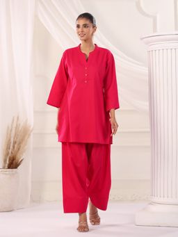 Jaipur Kurti - Red Solid Cotton Straight Kurta and Farshi Salwar