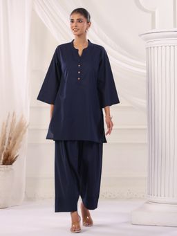 Jaipur Kurti - Navy Blue Solid Cotton Straight Kurta and Farshi Salwar
