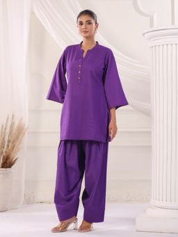 Jaipur Kurti - Purple Solid Cotton Straight Kurta and Farshi Salwar