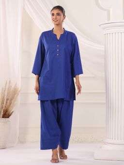 Jaipur Kurti - Blue Solid Cotton Straight Kurta and Farshi Salwar