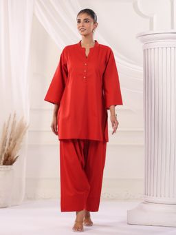 Jaipur Kurti - Rust Solid Cotton Straight Kurta and Farshi Salwar