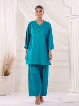 Jaipur Kurti - Blue Solid Cotton Straight Kurta and Farshi Salwar