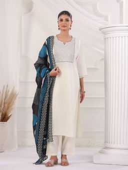 Jaipur Kurti - Off White Solid Cotton Straight Kurta and Pant with Dupatta