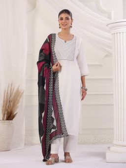 Jaipur Kurti - Off White Solid Cotton Straight Kurta and Pant with Dupatta