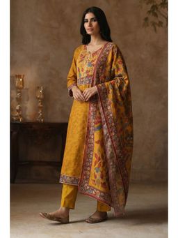 HERITAGE - Mustard Floral Printed Straight Kurta with Pant and Dupatta
