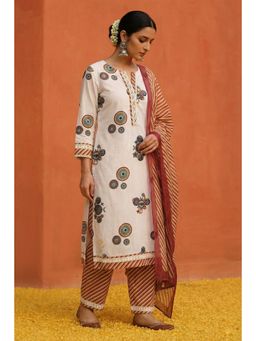 HERITAGE - White Celestial Print Straight Kurta with Pant and Dupatta