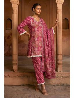 HERITAGE - Pink Floral Straight Crochet Lace Trim Kurta with Pant and Dupatta