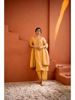 HERITAGE - Mustard Yellow Mirror Work Straight Kurta with Pant and Dupatta