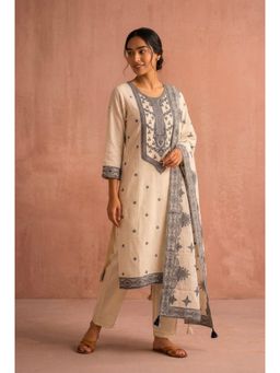 HERITAGE - Cream Beaded Embroidery Straight Kurta with Pant and Dupatta
