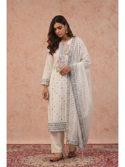 HERITAGE - White Floral Embroidered Straight Kurta with Pant and Dupatta