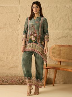 INDDUS - Green Paisley Printed and Mirror Work Co-Ord Set