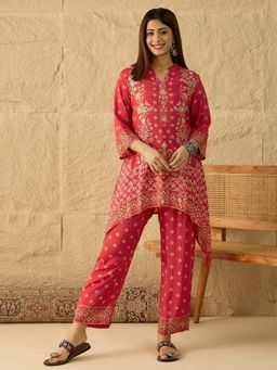 INDDUS - Pink Floral Printed and Mirror Work Co-Ord Set