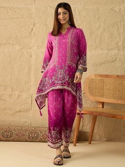 INDDUS - Purple Floral Printed and Mirror Work Co-Ord Set