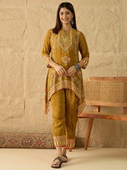 INDDUS - Mustard Floral Printed and Mirror Work Co-Ord Set