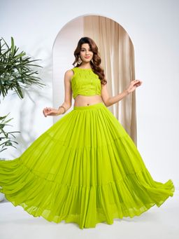 INDDUS - Green Striped Sequinned Embroidered Crop Top with Solid Skirt
