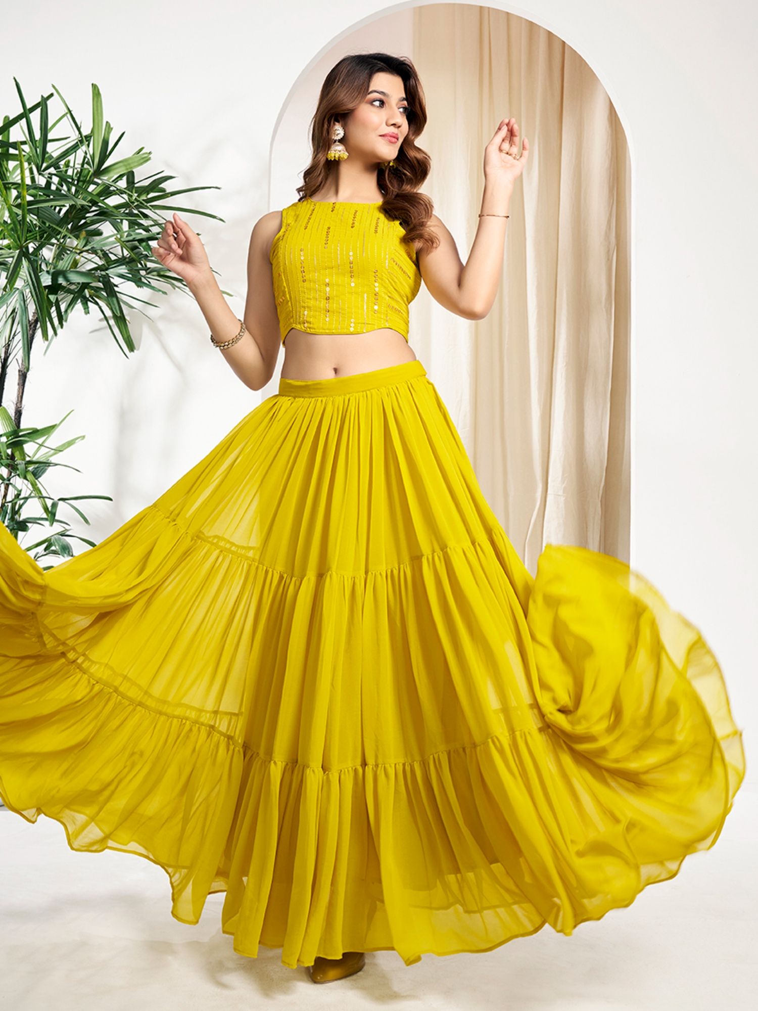 inddus Yellow Striped Sequinned Embroidered Crop Top with Solid Skirt-picture-8