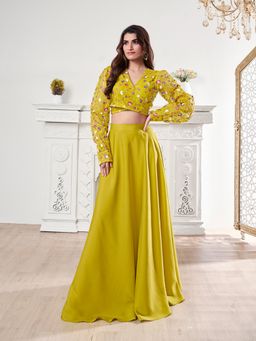 INDDUS - Yellow Floral Multi Thread Embroidered Crop Top with Flared Skirt