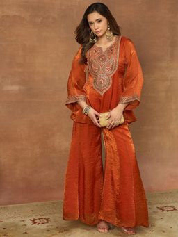 INDDUS - Rust Floral Zari Embroidered Yoke Design Crushed Organza Kurti with Palazzo