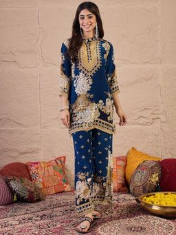 INDDUS - Navy Blue Floral Printed Straight Co-Ord's Set