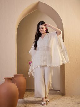 INDDUS - Off White Floral Thread Embroidered Crop Top with Kaftan and Pant