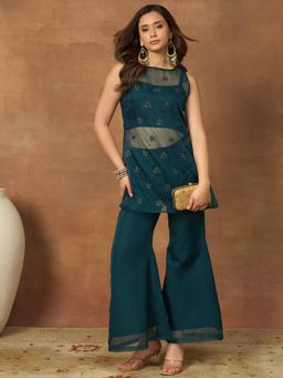 INDDUS - Teal Floral Thread and Sequinned Embroidered Crop Top with Kurti and Palazzo