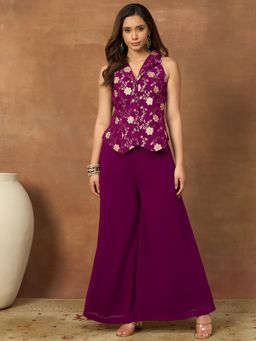 INDDUS - Wine Floral Zari Woven Design Top with Palazzo