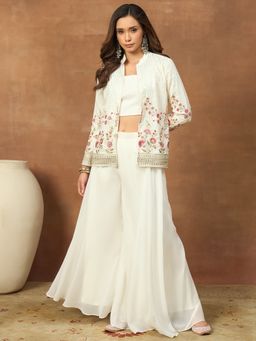 INDDUS - Off White Floral Thread and Sequinned Embroidered Crop Top with Palazzo and Jacket