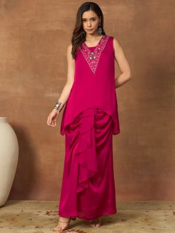 INDDUS - Magenta Paisley Thread Embroidered Yoke Design Crop Top with Kurti and Skirt