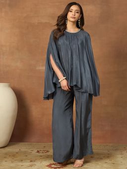 INDDUS - Grey Solid Pearl Lace Detailed Co-Ord's Set