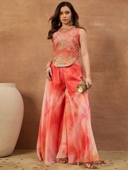 INDDUS - Multi-Colour Floral Zari and Sequinned Embroidered Top with Tie and Dye Palazzo
