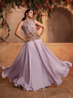 INDDUS - Lavender Floral Zari and Sequinned Embroidered Top with Skirt and Inner