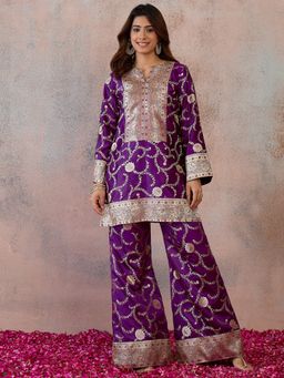 INDDUS - Purple Floral Zari Woven Design Top with Palazzo