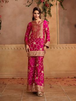 INDDUS - Magenta Floral Zari Woven Design Top with Palazzo
