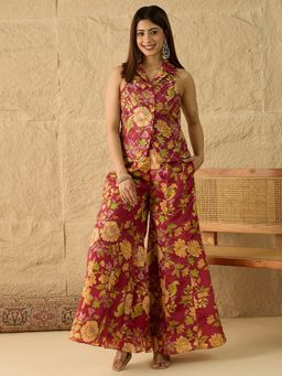 INDDUS - Maroon Silk Blend Floral Print Embellished Top with Palazzo
