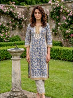 Missprint - Dusty Blue Hand Block Print Cotton Kurta with Afghani Salwar