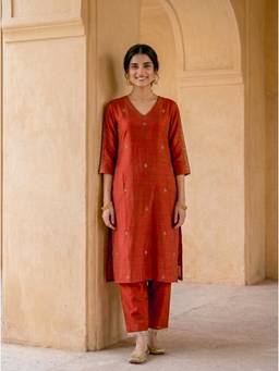 Missprint - Rust Silk Chanderi Kurta with Cotton Pant