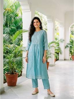 Missprint - Aqua Pitta-Work Silk Chanderi Kurta with Pant