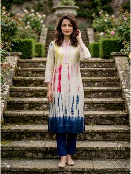 Missprint - Ivory Tie-Dye Silk Chanderi Kurta with Blue Cotton Pant